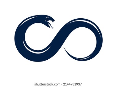 Snake eating its own tale, Uroboros Snake in a shape of infinity symbol, endless cycle of life and death, Ouroboros ancient symbol vector illustration logo, emblem or tattoo.
