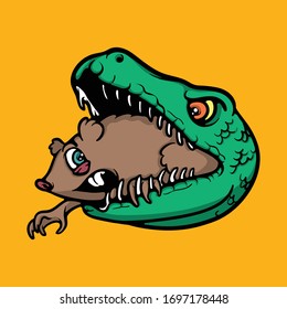 Concepto de rata comiendo serpiente. Rata dentro de la boca de la serpiente a punto de tragarse. Gráfico vectorial de la cadena alimentaria. Caricatura sobre comida animal Ilustración