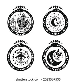 Snake eating tail bundle. Ouroboros mystical symbol vector illustration. Infinity sign tattoo design. Circle snake with moon phases, third eye, crystals, sun magical clip art.