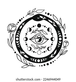 Snake eating tail. Ouroboros mystical symbol vector illustration. Infinity sign tattoo design. Floral snake with all seeing eye magical clip art.