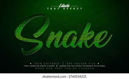 Snake Editable Text Effect Design Vector Graphic Style with Skin Texture Typography Lettering on Green Background. Scalable Wild Animal Illustration Template for Greeting Card, Flyer, Banner, Celebration Poster or Party Invitation