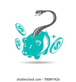 The Snake emerges from thrift-box and money. Icon and logo of business. Vector images
