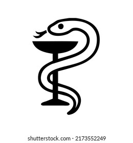 Serpiente entrelazada en torno a la vara, la Rod de Asclepius, la salud, la atención de salud, la medicina y el signo de farmacia, la insignia, el símbolo, el vector, la ilustración en color blanco y negro, aislado en fondo blanco