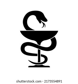 Snake entwined around stick, the Rod of Asclepius, health, healthcare, medicine and pharmacy sign, insignia, symbol, vector, illustration in black color, isolated on white background