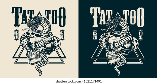 Snake entwined with skull tattoo emblem in vintage monochrome style isolated vector illustration