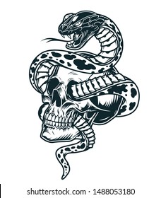 Snake entwined with skull template in vintage monochrome style isolated vector illustration