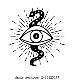 Snake Eye boho. Lineart Vector illustration. Flower moon , Magic celestial witchcraft symbol. Masonic symbol. Hand drawn logo or emblem