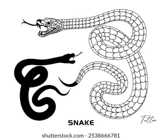 SERPIENTE. Serpiente con colmillos desnudos. Inspirado en serpientes, gameart, juegos. dibujo de Vectores, contorno, símbolo, yakuza, tatuaje vintage. Ilustración de serpiente Tatuaje aislado