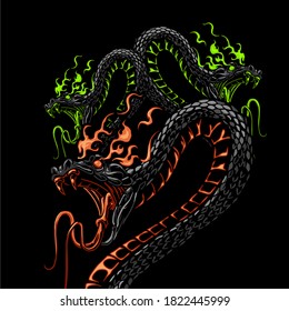 Snake with fire. Colorful hand drawn vector illustration of snake in engraving technique isolated on black background. Poster, t-shirt print, cover.