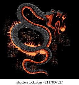 Snake with fire. Colorful hand drawn vector illustration of snake isolated on black background