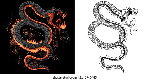 Snake with fire. Colorful hand drawn vector illustration of snake