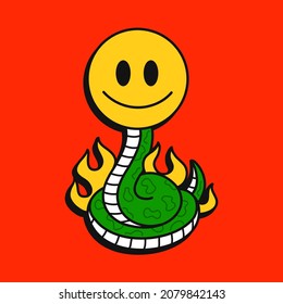 Snake in fire with smile emoji face t-shirt print design. Vector hand drawn logo cartoon character illustration.  Snake,smile face,burn print for t-shirt, poster, cover, sticker concept