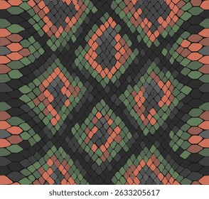 Descamação de cobra pele vermelho e verde padrão manchado. Víbora preta, desenhando na pele. Textura de couro monocromático de superfície de répteis. Fundo animal para impressão. Papel de parede vetorial