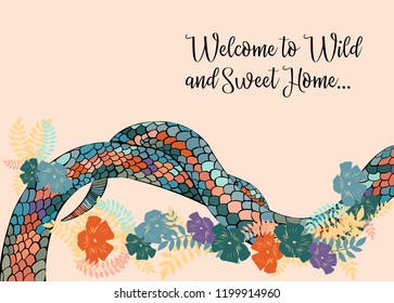 SNAKE FLORAL BACKGROUND LETTERING. VECTOR ILLUSTRATION 