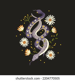 Snake floral background vector snake flower magic art. Animal card