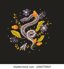 Snake floral background vector snake flower magic art. Animal card