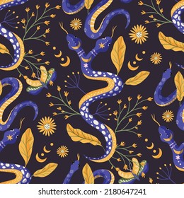 Snake and floral leaves celestial seamless vector pattern. Night magic background