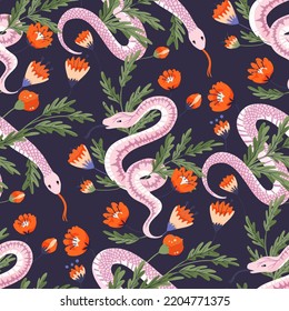 Snake floral seamless pattern. Vector flower magic snakes mystic boho background modern art.