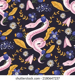 Snake flower and berry vintage celestial seamless vector pattern. Floral magic background