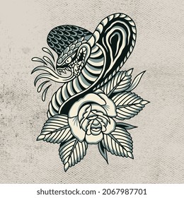 snake and flower black and white vector design . tattoo artwork