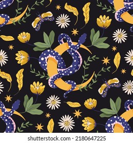 Snake flower and moon celestial seamless vector pattern. Floral night magic background