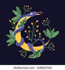 Snake and flower and moon magic print. Tattoo vintage fashion vector wild animal reptile.