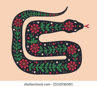 Snake with flower pattern. Cartoon poisonous ornamental snake, colorful Chinese New Year snake zodiac sign flat vector illustration. Hand drawn snake silhouette