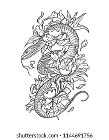 Snake with flower tattoo on white background.