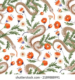 Snake and flower vintage seamless pattern. Tropical animal and rose flower fabric snake art 
