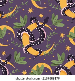 Snake and flower vintage seamless pattern. Tropical animal and moon fabric snake art 