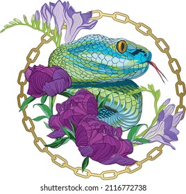 A snake with flowers in a circle of gold chain. Snake in flowers