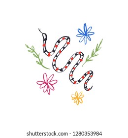 Snake with flowers hand drawn doodle stylish fashion sketch