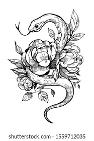 Snake with flowers. Hand drawn illustration converted to vector. Great for prints on a t-shirt, tattoo sketch.