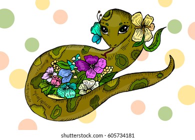 Snake and flowers. Hand drawn illustration. Decorative animal illustration