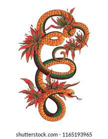 Snake with flowers and leaves. Old school tattoo design. Isolated element on white background. Vector illustration 