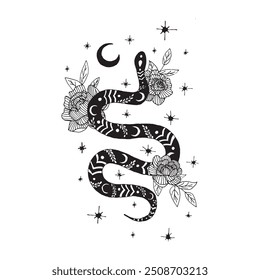 A snake in flowers with the moon and stars. A mystical hand-drawn snake. Magical ornaments. Chinese calendar. Tattoo style. Vector illustration.