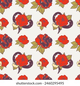 Snake in flowers in old school tattoo style. Vector seamless pattern.