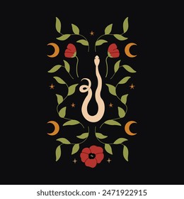 Snake with foliage, red flowers and crescents. Vector flat mystical illustration. Magical dark poster with poppies and serpent