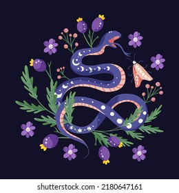 Snake and forest flower magic print. Tattoo vintage fashion vector wild animal reptile.