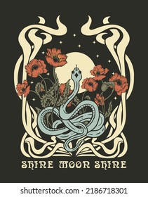 Snake And Full Moon With Flowers, Occult Illustration, Retro Hippie T-shirt Print