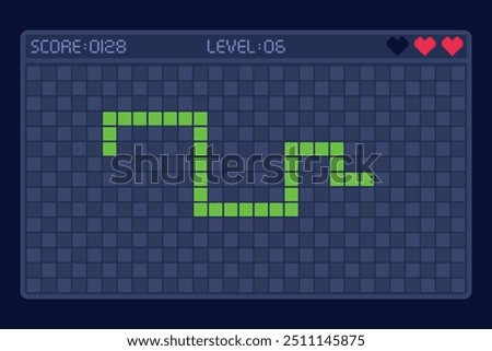 Snake game. Digital snakes mobile app pixel gaming retro phone, cellphone display fun play screen geometric shape minimal puzzle old telephone 2d ui, ingenious vector illustration original artwork