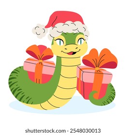Snake with gifts. Cute character is symbol of Chinese New Year. Christmas vector illustration. Lunar New Year, traditions, celebration. Suitable for greeting card, calendar, packaging.