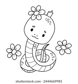 Snake girl princess with flowers. Cute outline reptile character in doodle style. Line drawing, coloring book. Vector illustration. Kids collection