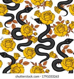 Snake and gold roses seamless pattern. Vector illustration. Hand drawn illustration for t-shirt print, fabric and other uses.