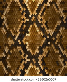 Snake gold skin concept. Texture and wallpaper, pattern. Animal wildlufe, fauna and biology. Template, layout and mock up. Fish scale, lizzard skin. Realistic 3D vector illustration