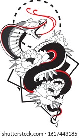 snake in graphic style with peonies
