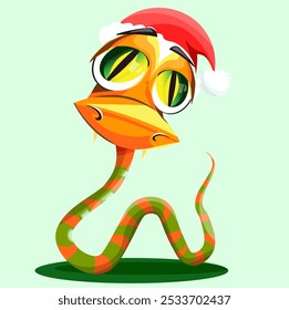 Snake with green eyes wearing Santa Claus hat