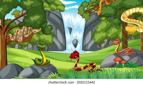 Snake group in forest at daytime scene with many trees illustration