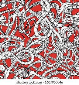 Snake hand draw vintage pencils seamless pattern. Cobra, viper in leaves, plants. Antistress for children and adults. Stock illustration on a red background. Design for fabric, paper, textile.