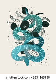 Snake hand drawn vector illustration with grunge texture for poster, t-shirt, book cover. Serpent print. Mystical poster a snake wrapped around a tree. Dark mystical print.